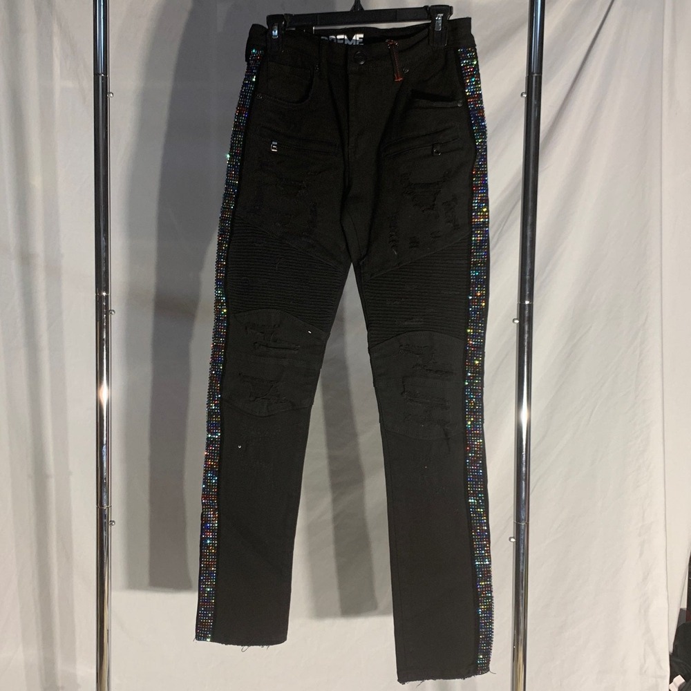 PREME Designer Bedazzled Ripped Black Denim Jeans Streetwear Mens 32